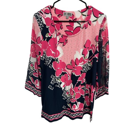 JM Collection Floral 3/4 Sleeve Top Pink Multi Sz Medium Embellished Bohemian - Picture 1 of 9